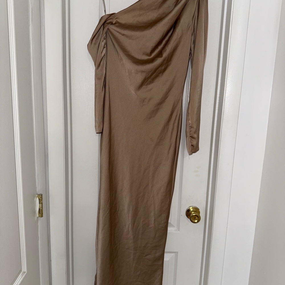 ASOS Brown Asymmetrical Ruched Long Sleeve Gown